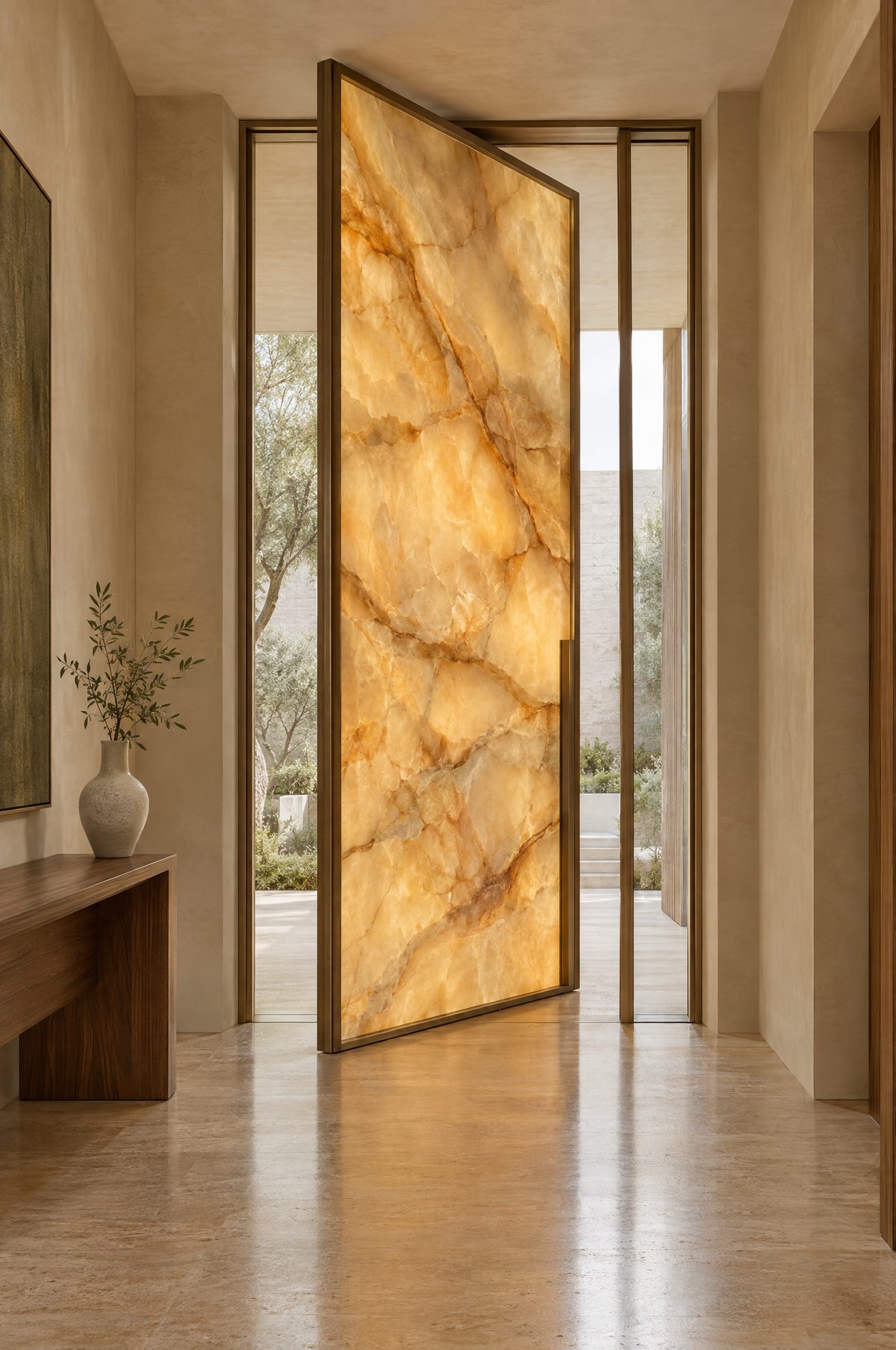 Backlit onyx pivot door in a bronze frame