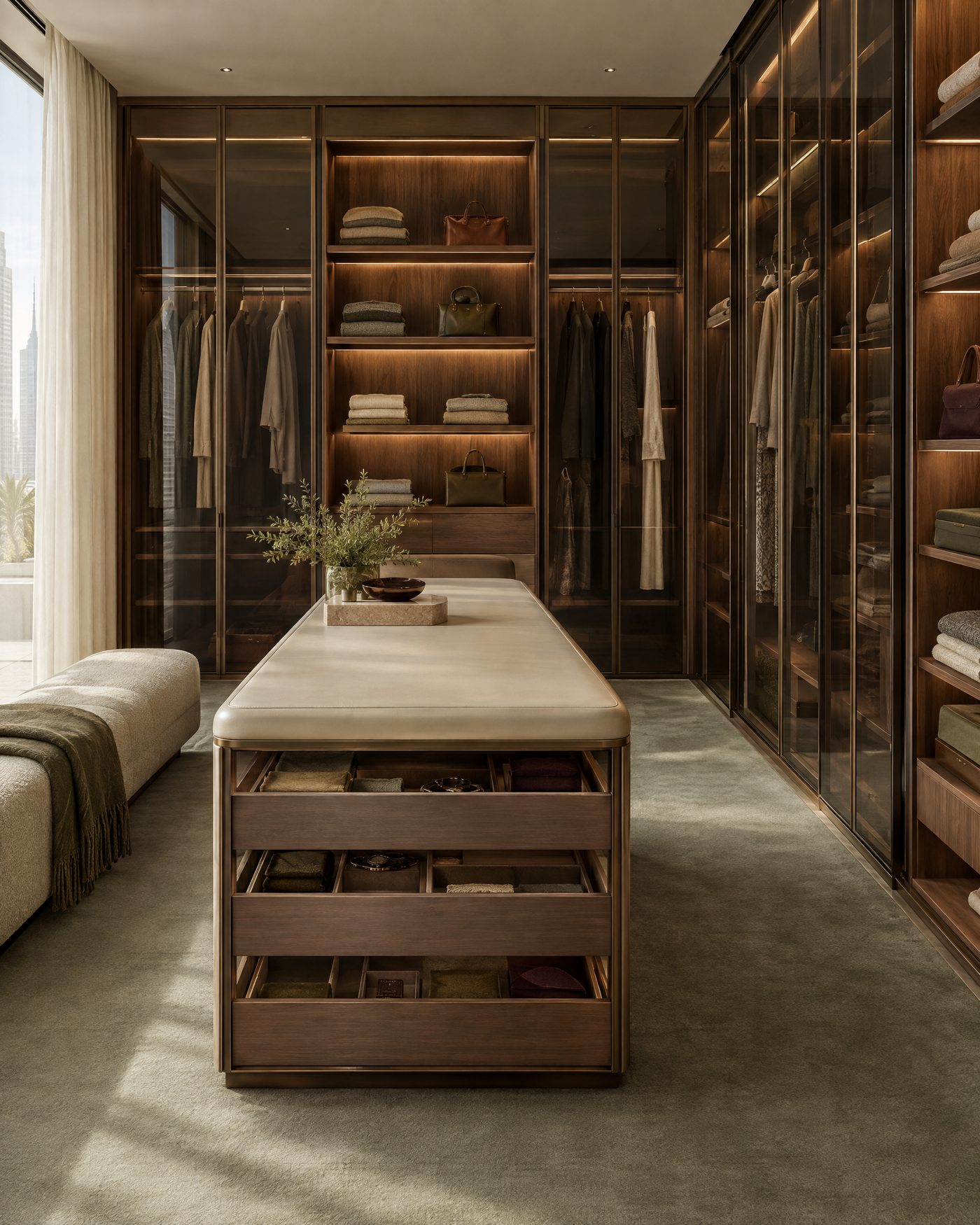 Walk in dressing room with bronze glass closets and walnut interiors