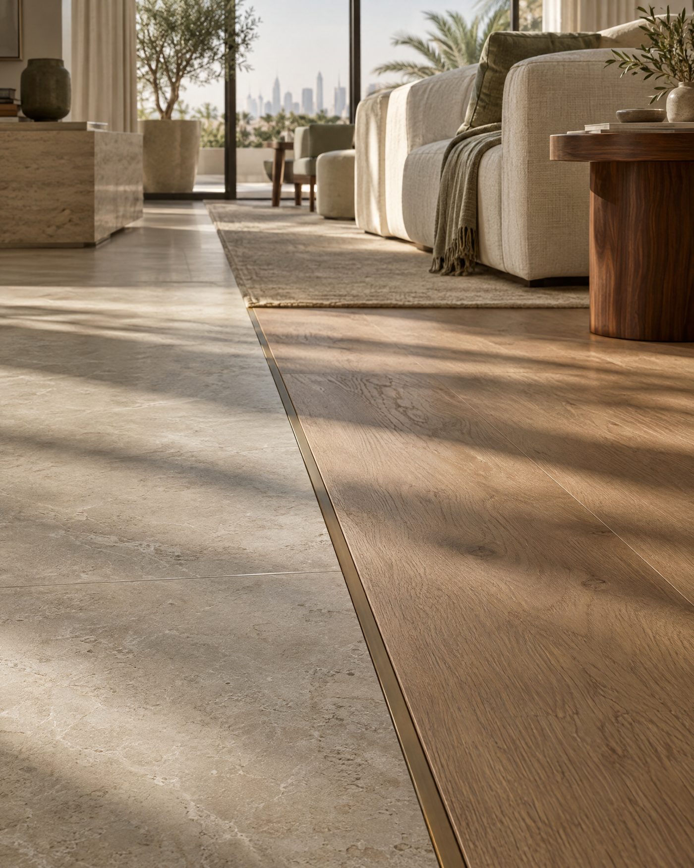 Stone flooring meeting oak flooring along a fine bronze inlay