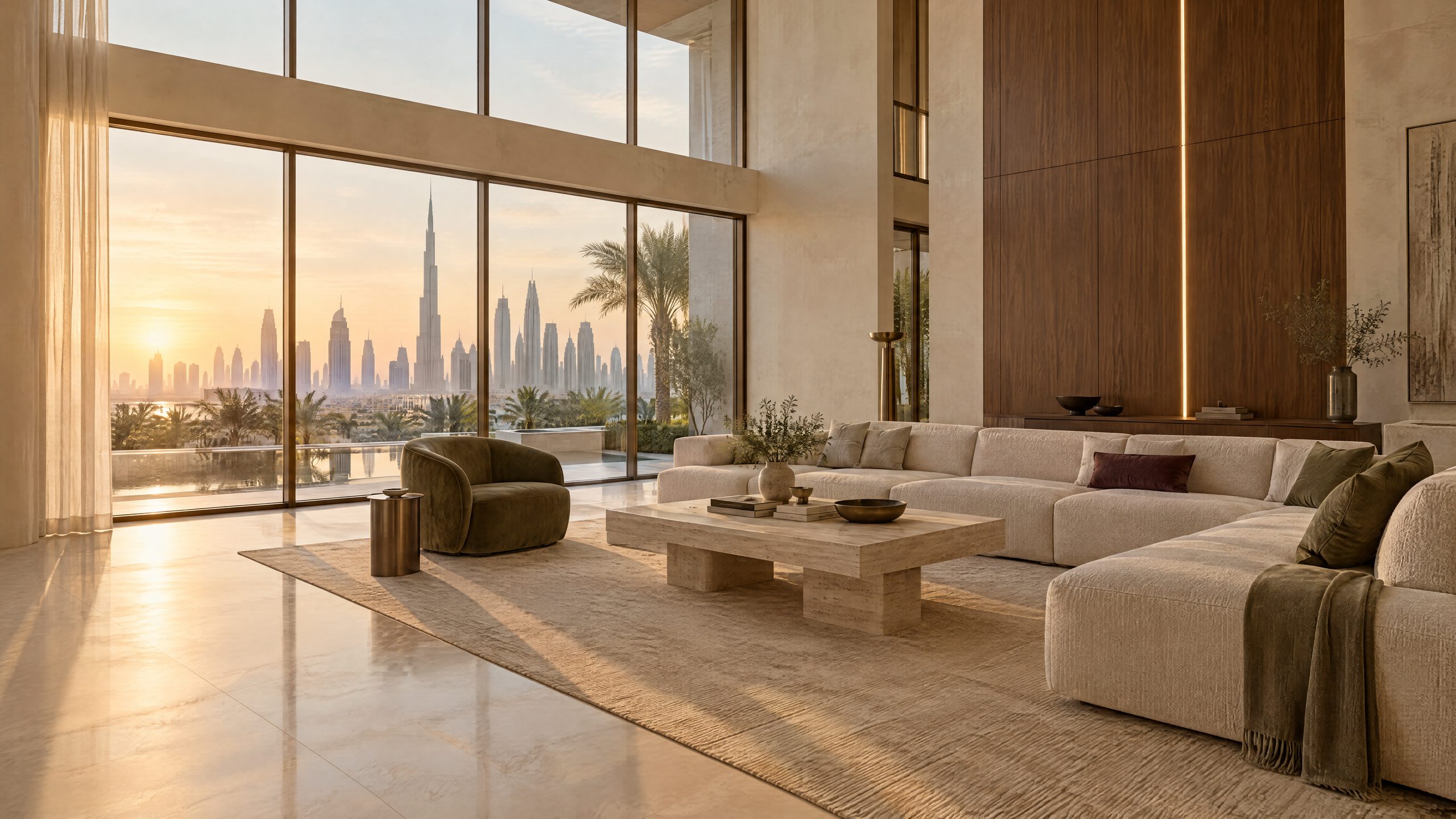 Double height villa living room in Dubai at golden hour with a view of the skyline
