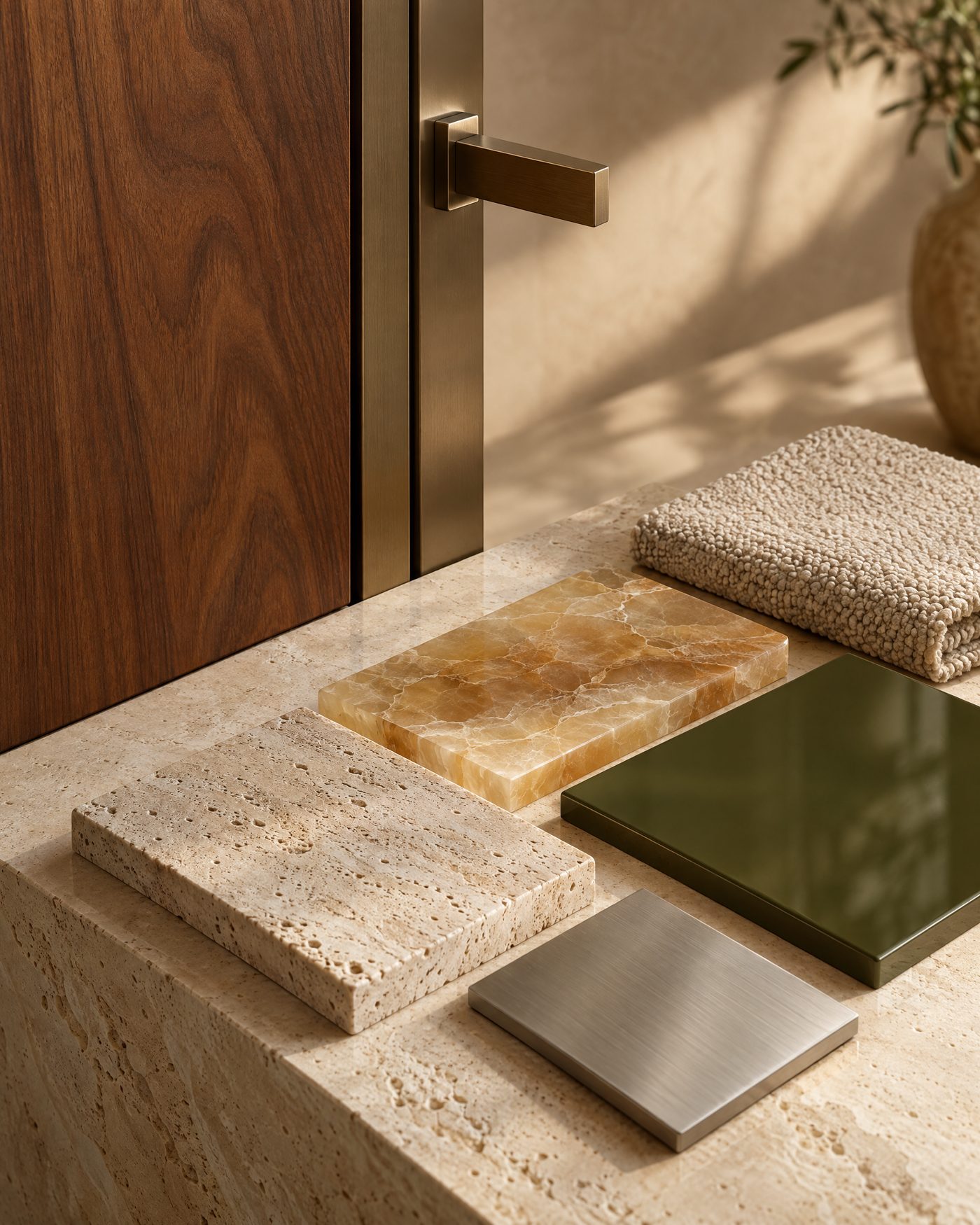 Walnut door edge with a bronze handle beside travertine, onyx and fabric samples